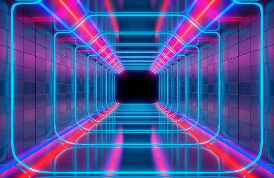 Op de afbeelding is een futuristische tunnel te zien, uitgevoerd in cyberpunk- of synthwave-stijl.
